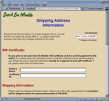 Shipping Information Entry Page