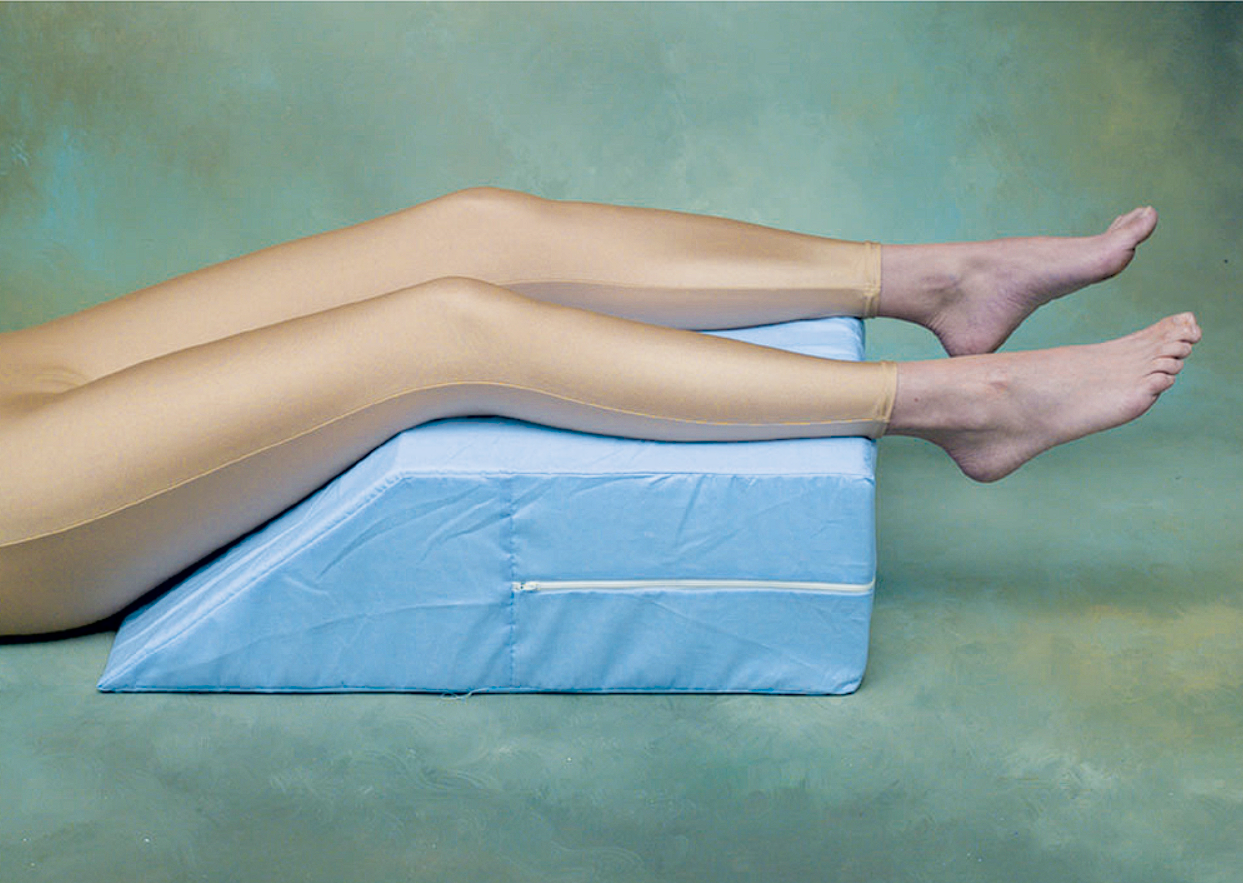 A comfortable foam bed wedge for leg elevation with knee bending thigh and calf support