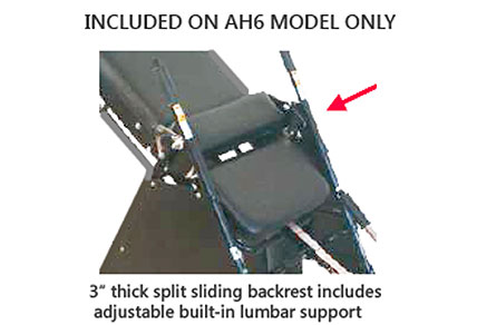 Sport Model AH6 Has Divided or Split Sliding Backrest with built-in adjustable lumbar support and 3 inch thick padding